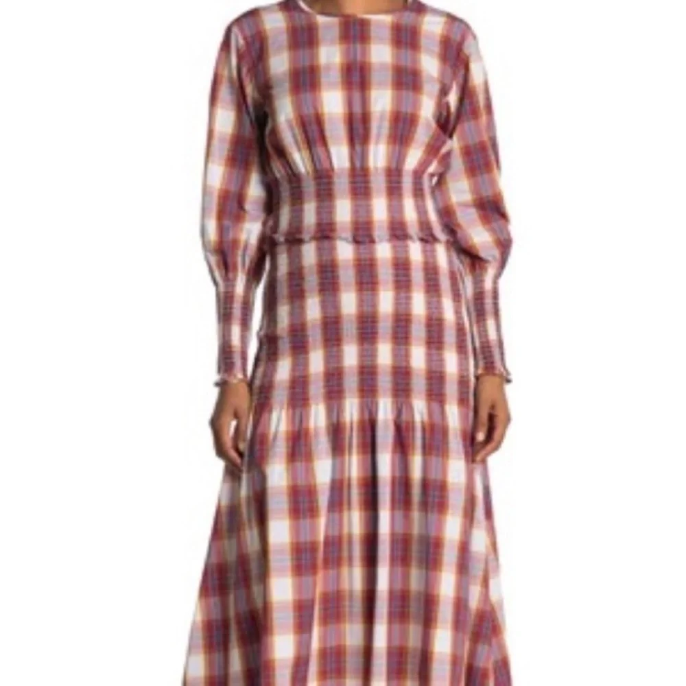Something Navy NWOT Blanche Smocked Plaid Midi Dress Sz Small Classic Summer - Picture 3 of 16